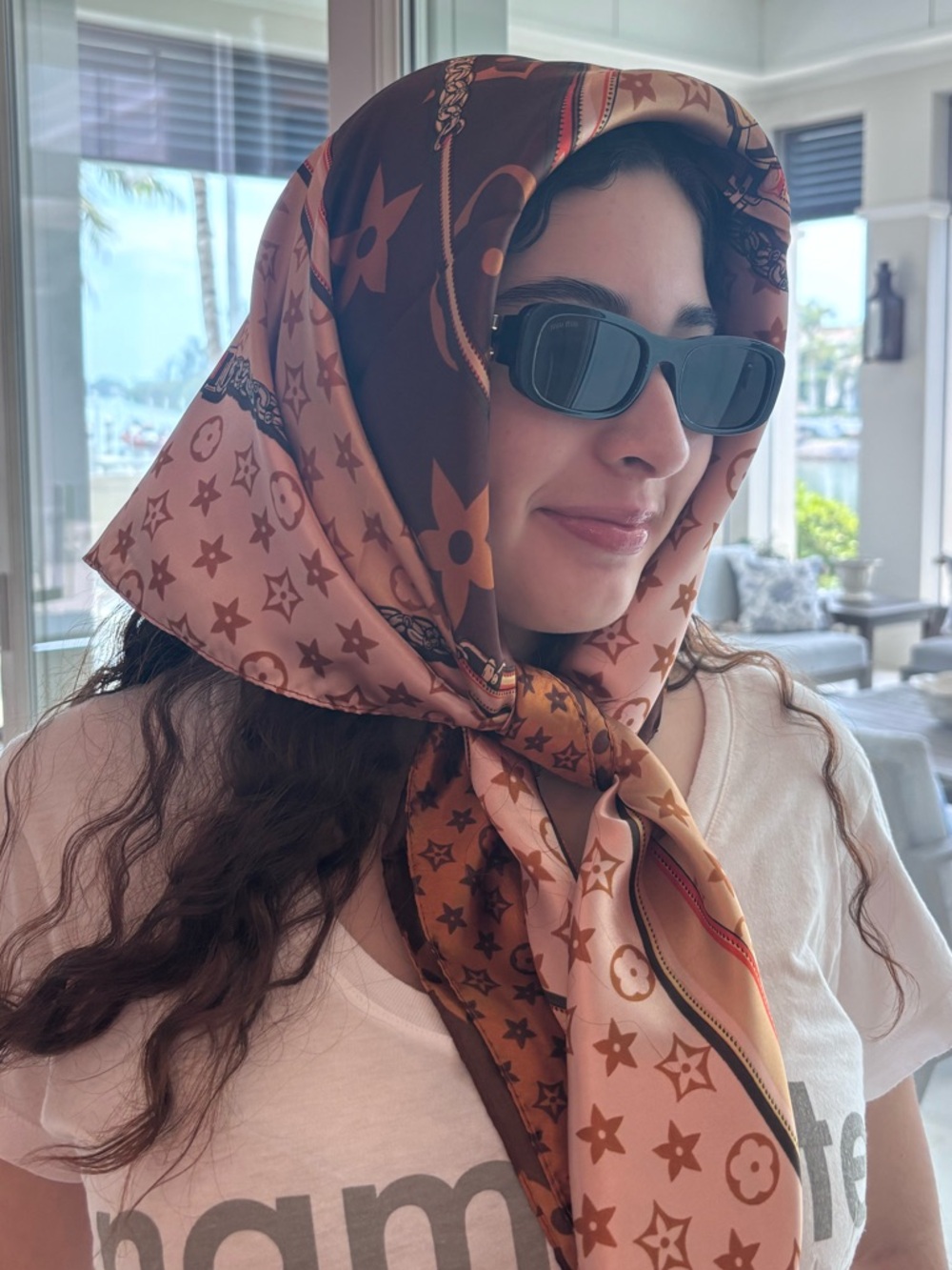 Luxury Brown Patterned Silk Headscarf - Picture 2 of 12